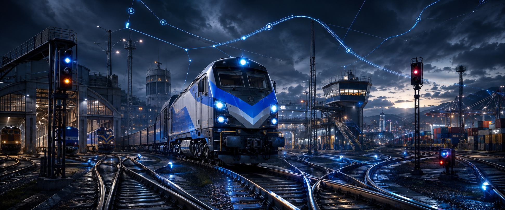 Moderne Diesellokomotive mit langem Güterzug verlässt bei Dämmerung ein Bahndepot mit Signalanlagen und Containern
